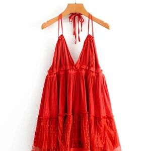 SHEIN Red Halter Neckline and Tiered Design